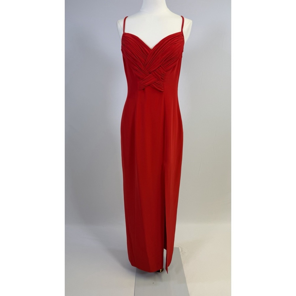 Caché Vintage Slip Maxi Dress Gown Sz‎ 6 Red Side Slit Pleated Details Formal